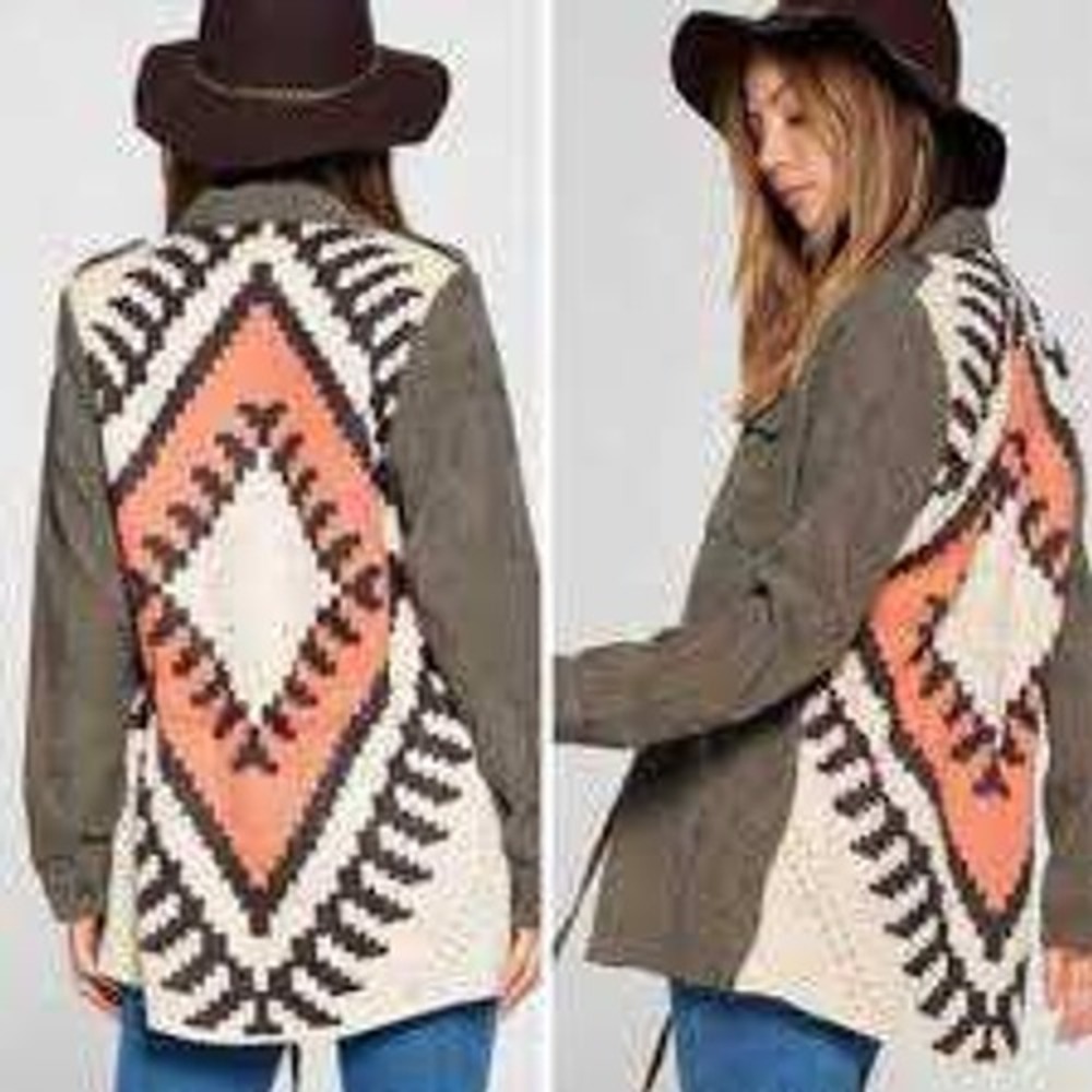 Davis & Dani Womens Gray Aztec Knit Corduroy Utility Jacket LARGE Boho Shacket